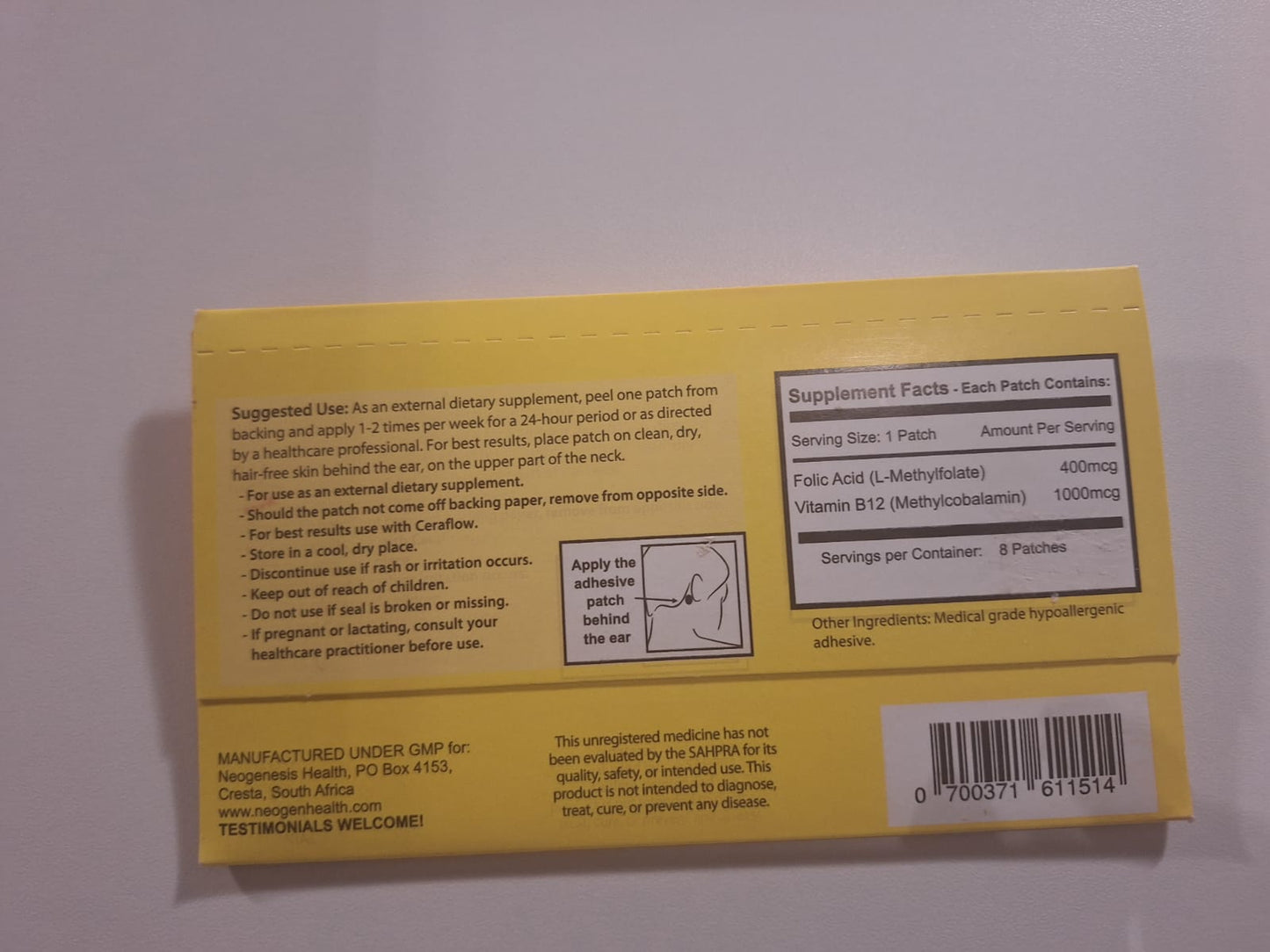 NeoGenesis Health Vitamin B12 Energy Patch with Folic Acid