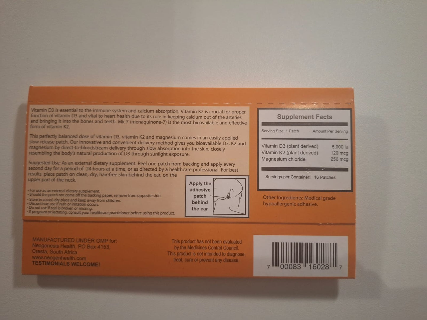 NeoGenesis Health Vitamin D3 Transdermal Patch with Vitamin K2