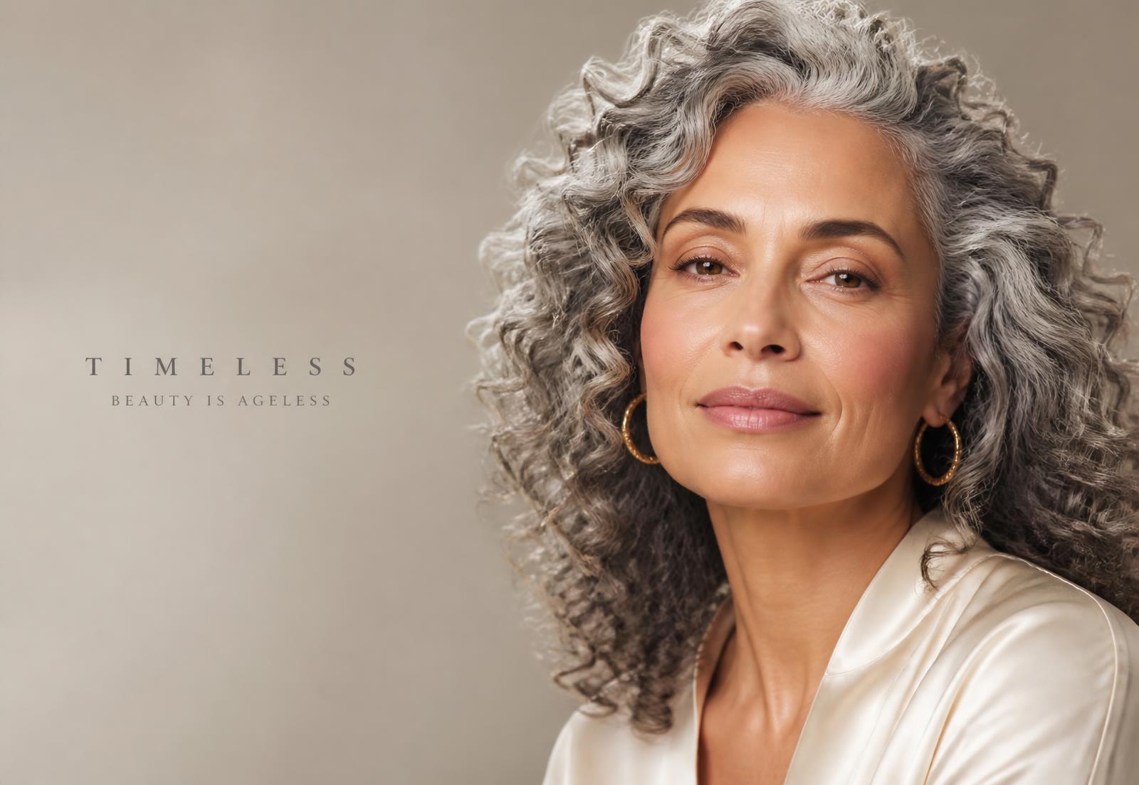 Confident woman with silver-gray hair and glowing skin