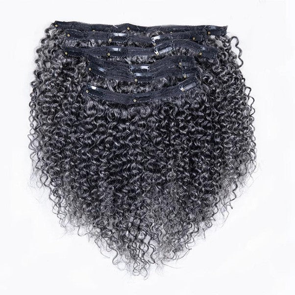 Silver Gray Kinky Curly Human Hair, Medium Salt and Pepper, Clip 6 pieces/set 14 inch