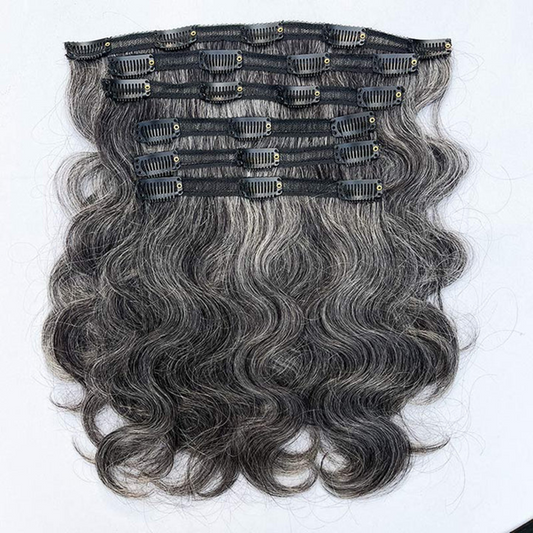 Silver Gray Human Hair Body Wave Hair Clip in 6 piece/set Medium Salt & Pepper 12 inch