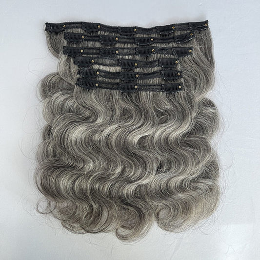 Silver Gray Human Hair Body Wave Hair Clip in 6 piece/set Standard Salt & Pepper 12 inch