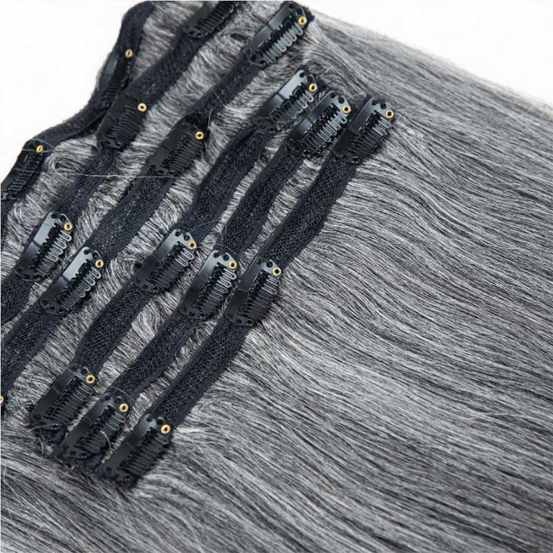 Salt & Pepper Straight Clip In Hair Extensions — Silver Gray Human Hair, 16 inch