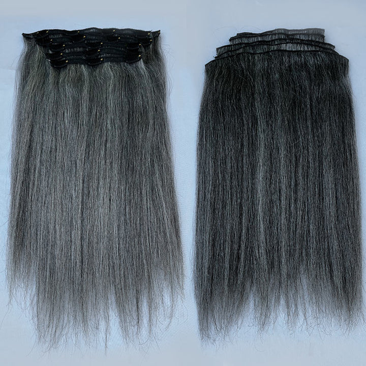 Salt & Pepper Yaki Straight Clip In — Kinky Straight Blow Out, 12 inch