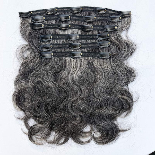 Silver Gray Human Hair Body Wave Clip In — 6 piece/set, Medium Salt & Pepper, 12 inch