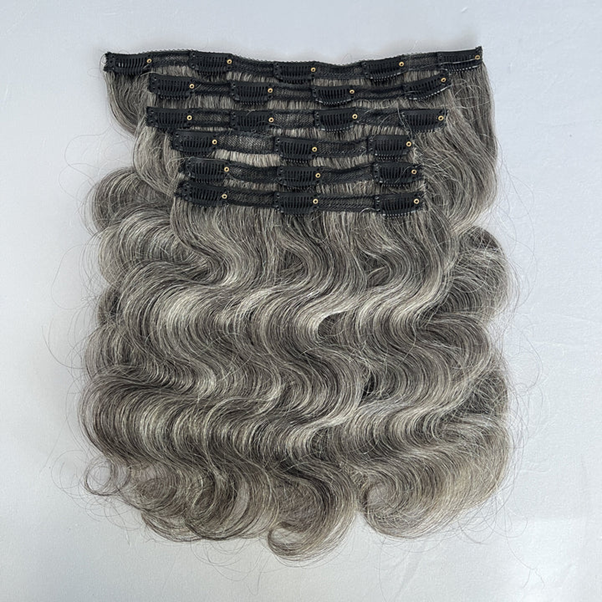 Silver Gray Human Hair Body Wave Clip In — 6 piece/set, Standard Salt & Pepper, 12 inch