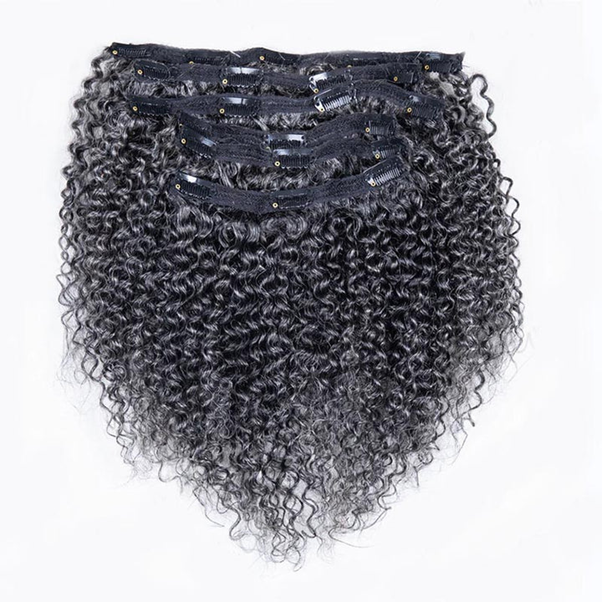 Silver Gray Jerry Curly Human Hair Clip In — 6 pieces/set, Salt and Pepper, 16 inch